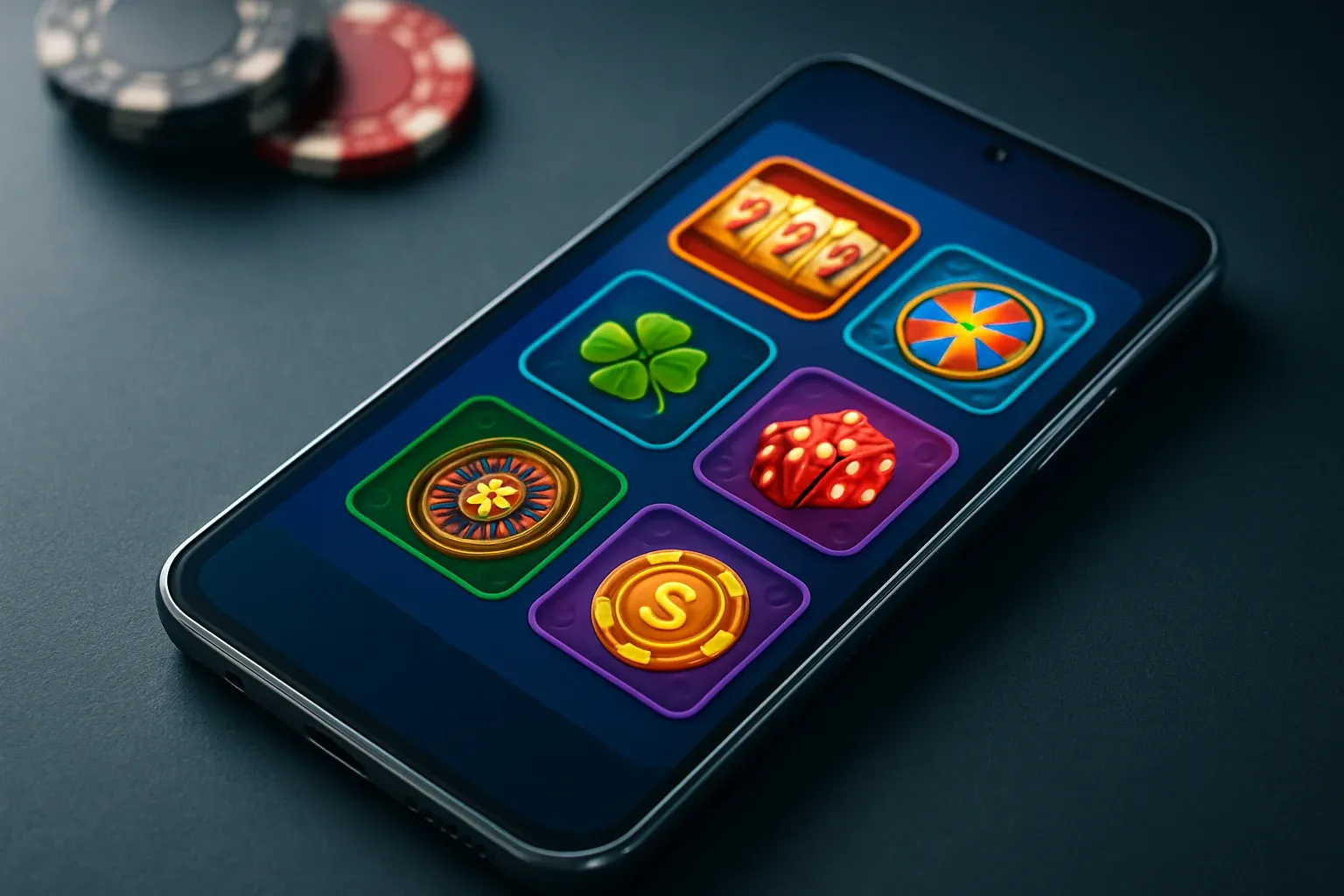Flagship Android smartphone displaying vivid casino app interface in dramatic lighting