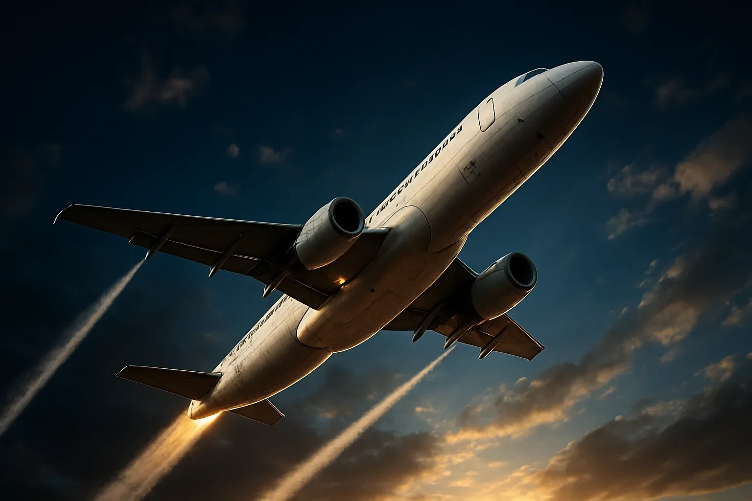 Hyperrealistic white jet aircraft climbing steeply in dramatic blue sky