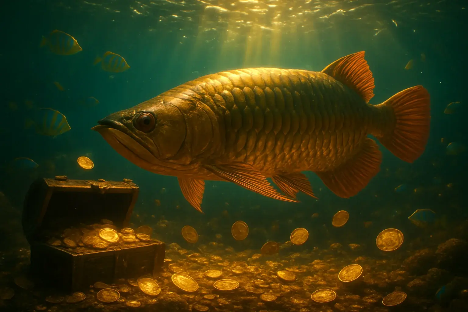 Massive golden dragon fish underwater with glowing coins and treasure