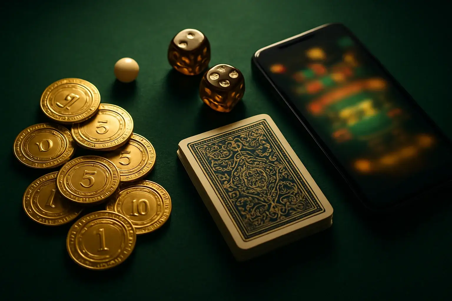 Top-down casino table with gold chips, cards, dice, roulette ball, smartphone