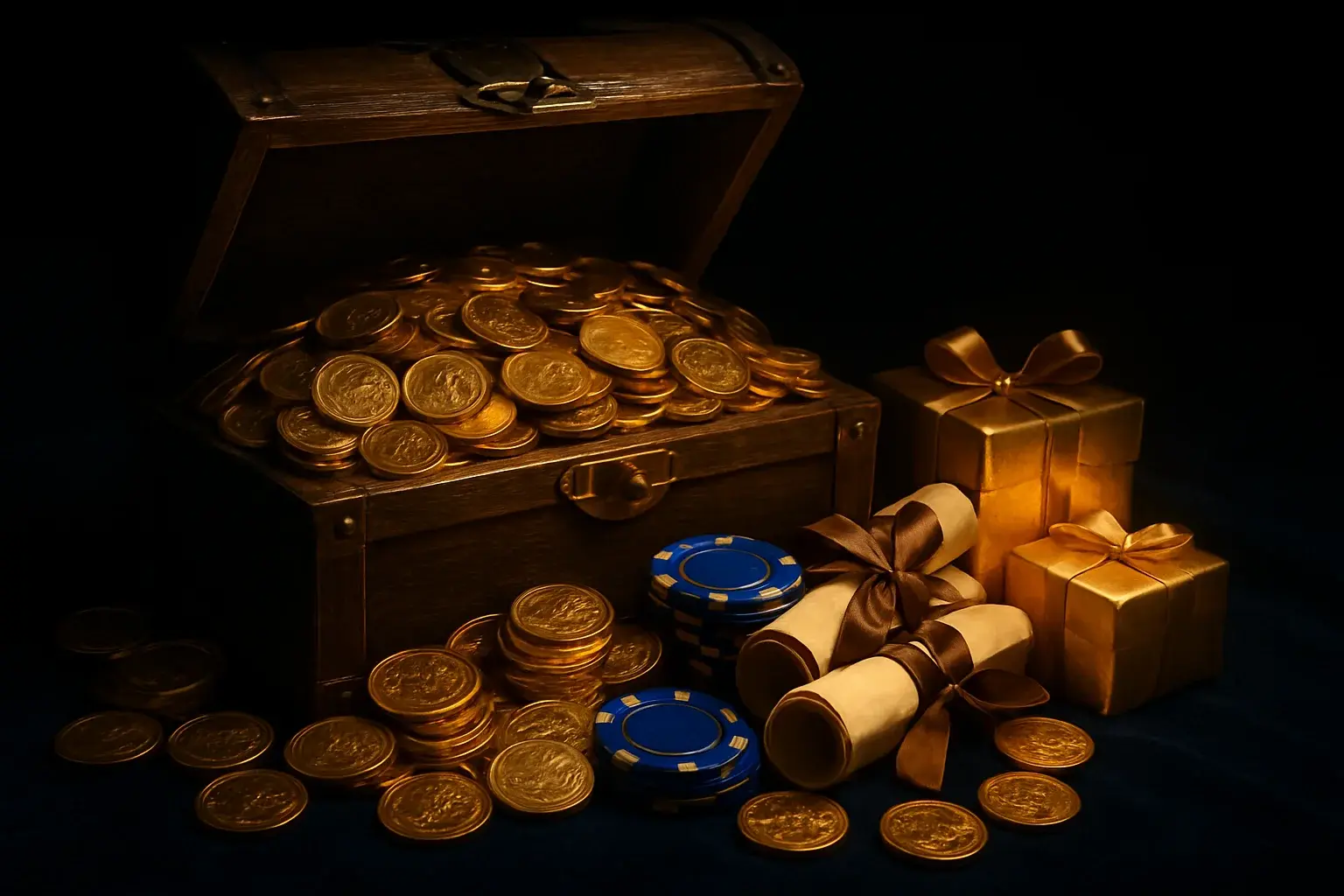 Overflowing treasure chest with gold coins, casino chips, vouchers, and gift boxes