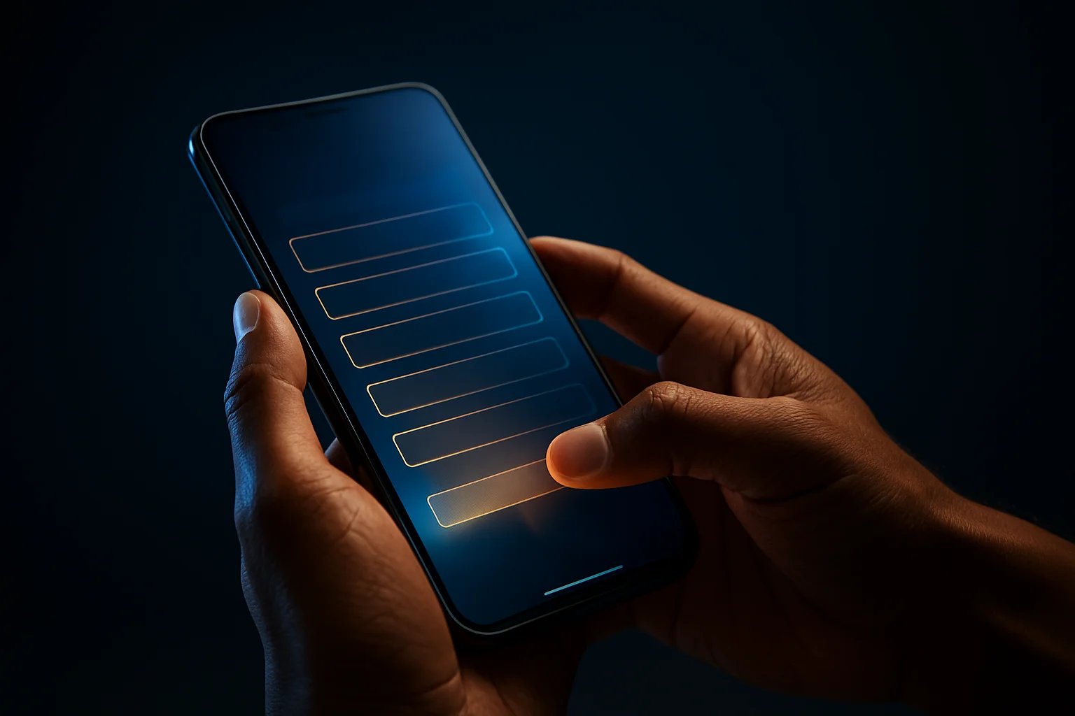Filipino man's hands holding smartphone with glowing registration screen interface