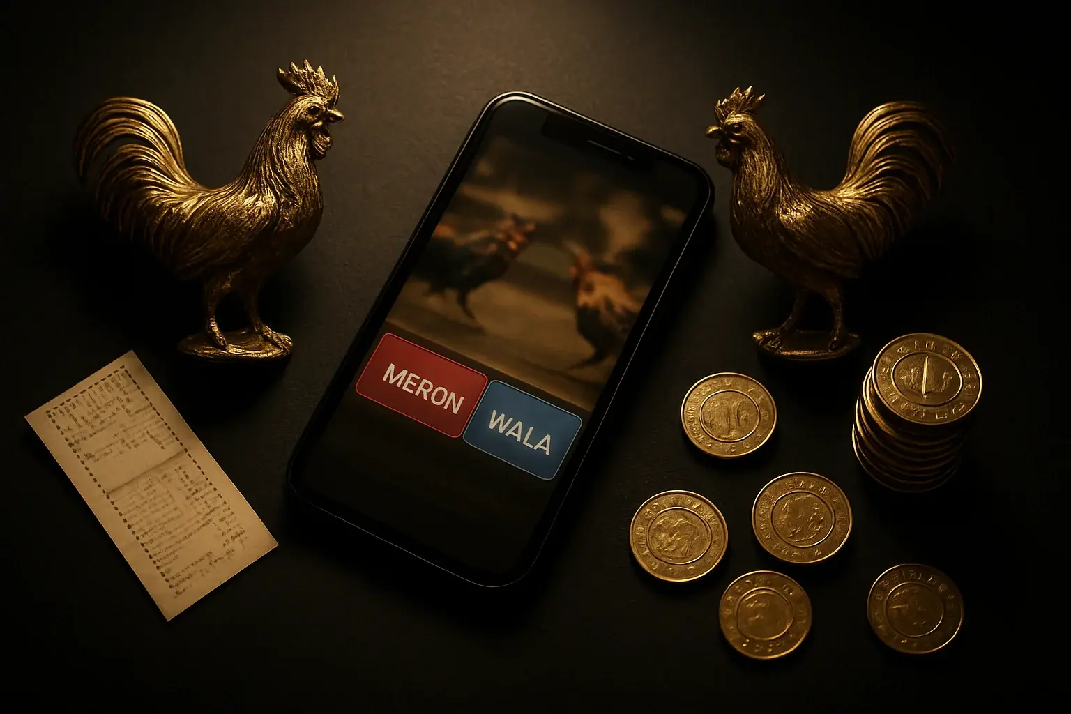 Smartphone with sabong betting interface, golden roosters, coins, and chips