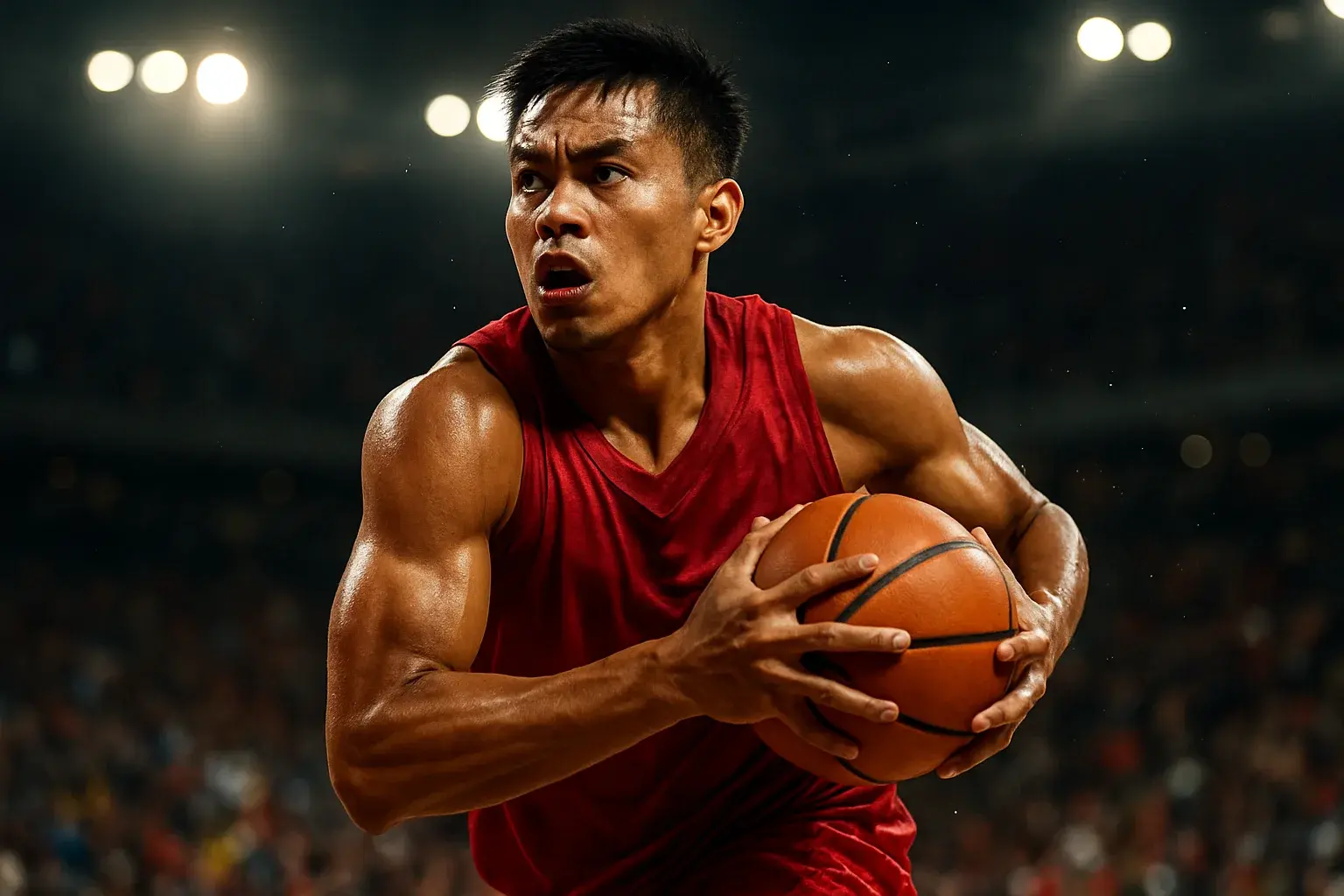 Filipino PBA basketball player driving mid-air toward basket in arena